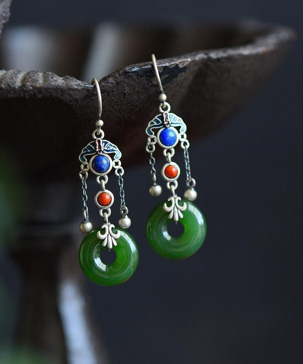 Regular Green Sterling Silver Agate Jade Cloisnne Xiangyun Tassel Drop Earrings