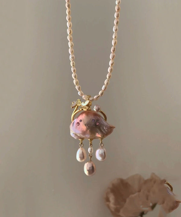 Regular Pink Pearl Flaky Clouds Tassel Pendant Necklace