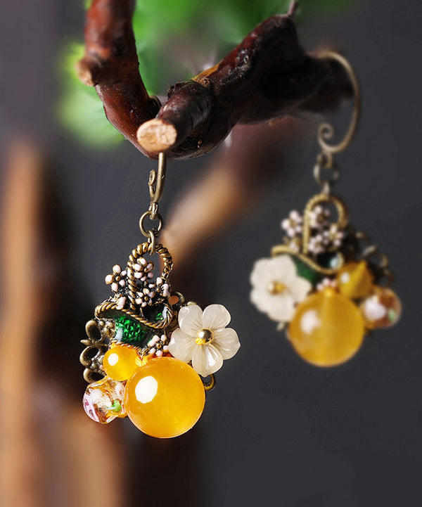 Regular Yellow Copper Pearl Coloured Glaze Oil Drip Floral Drop Earrings