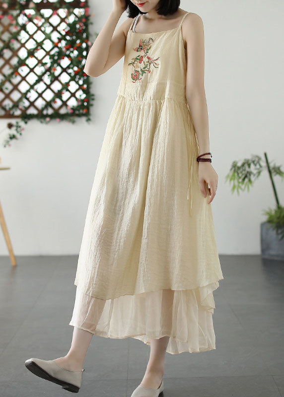 Retro Beige Embroidered Wrinkled Patchwork Long Linen Sundress Summer