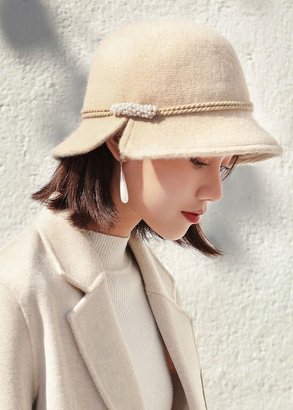 Retro Beige Nail Bead Side Open Woolen Bucket Hat