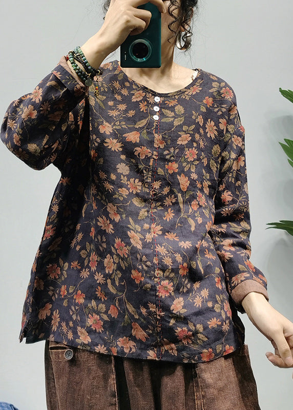 Retro Black O-Neck Print Linen Shirt Tops Long Sleeve