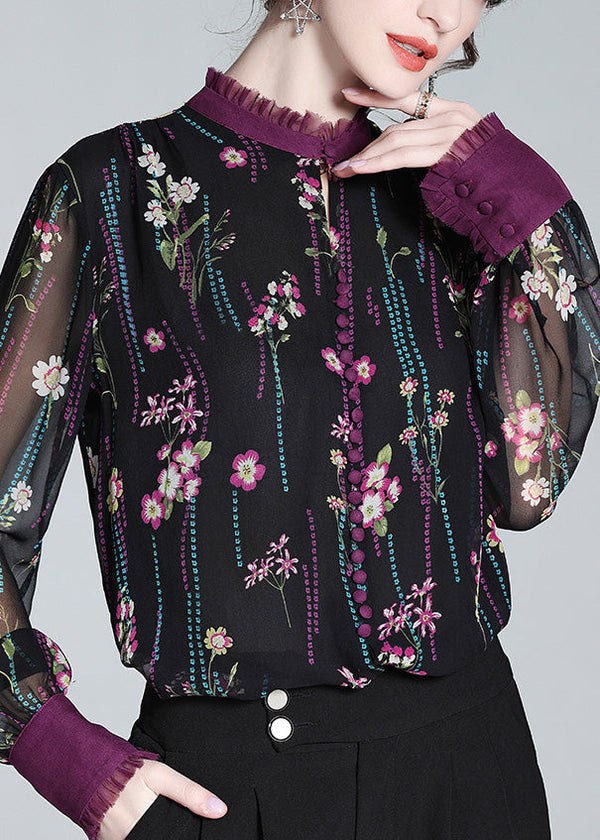 Retro Black Ruffled Graphic Print Hollow Out Button Silk Shirt Spring