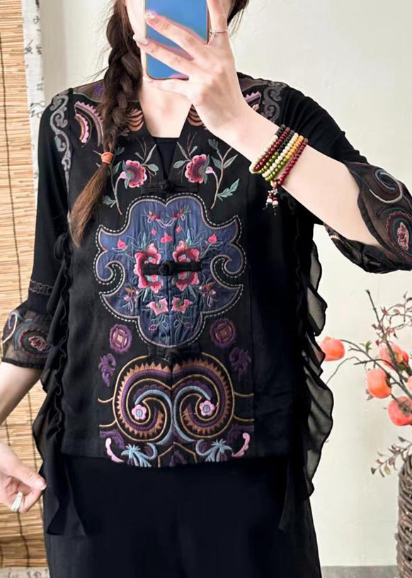 Retro Black V Neck Embroidered Ruffled Silk Waistcoat Sleeveless