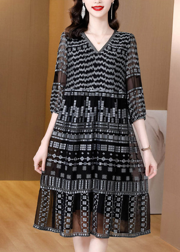 Retro Black V Neck Patchwork Party Long Dress Half Sleeve