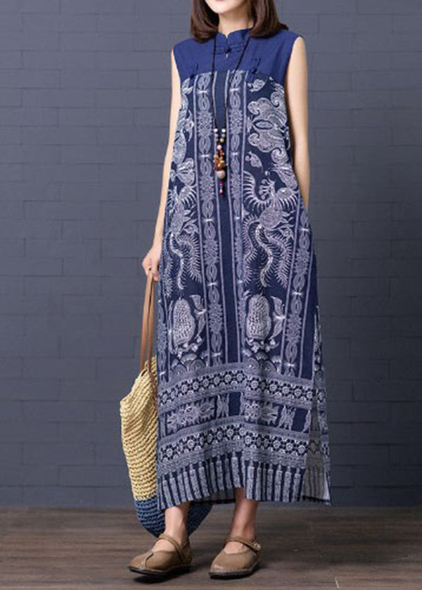 Retro Blue Chinese Button Patchwork Side Open Linen Long Dress Sleeveless