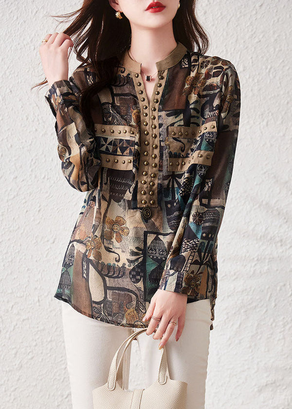 Retro Coffee Print Rivet Patchwork Cotton Shirts Top Long Sleeve