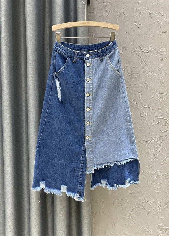 Retro Denim Blue High Waist Patchwork Button Asymmetrical Skirts