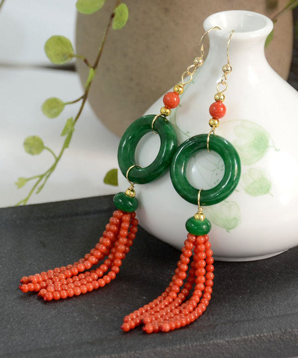 Retro Green 14K Gold Jade Tassel Circle Drop Earrings