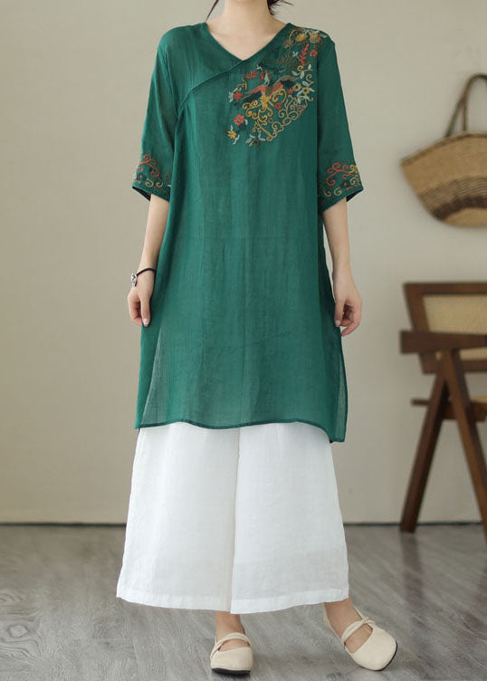 Retro Green Embroidered Patchwork Linen Mid Dresses Summer