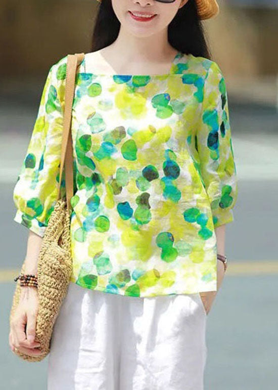 Retro Green Square Collar Print Patchwork Cotton Tops Summer