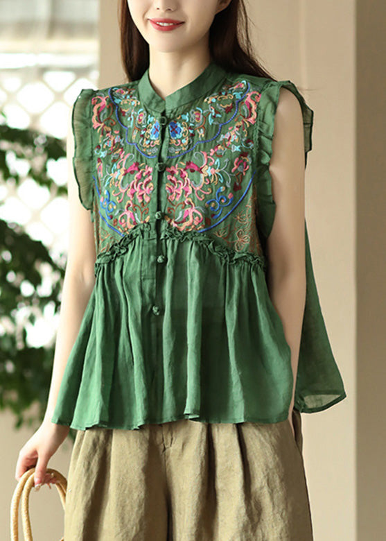 Retro Green Stand Collar Patchwork Ramie Top Sleeveless