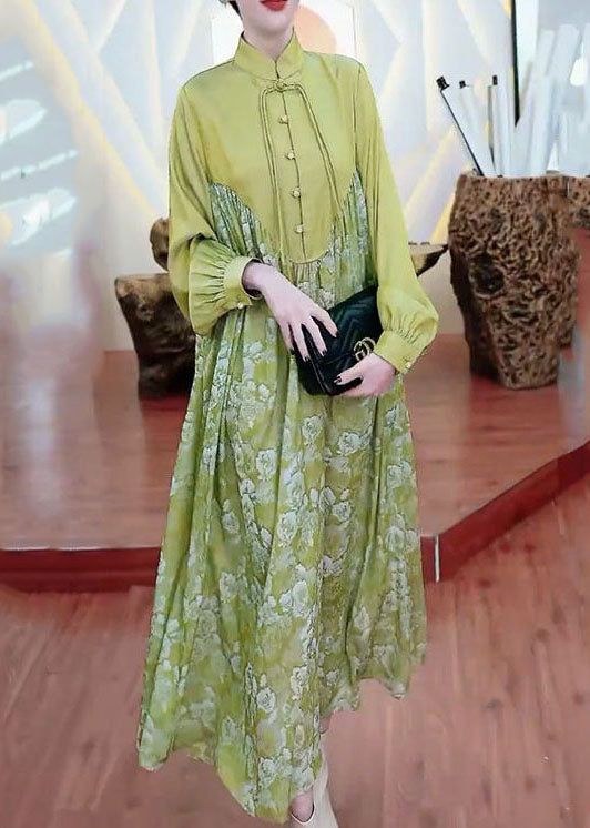 Retro Green Tasseled Wrinkled Print Patchwork Silk Long Dresses Spring