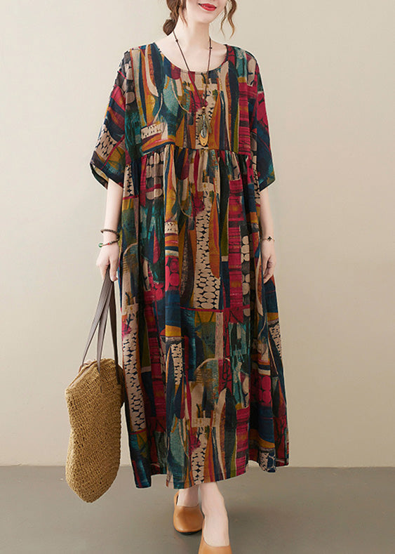 Retro O-Neck Print Party Maxi Dress Half Sleeve