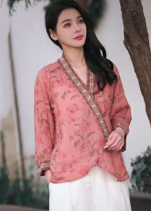 Retro Pink V Neck Embroidered Chinese Button Patchwork Linen Top Spring