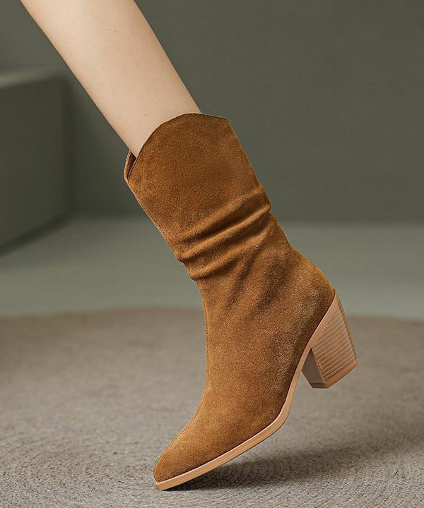 Retro Pointed Toe Chunky Heel Boots Brown Suede