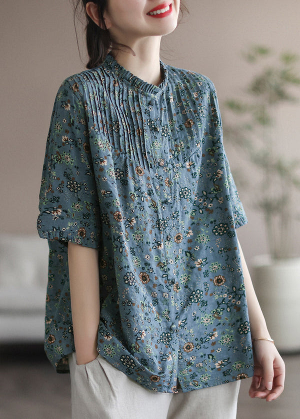 Retro Print Wrinkled Button Cotton Short Sleeve