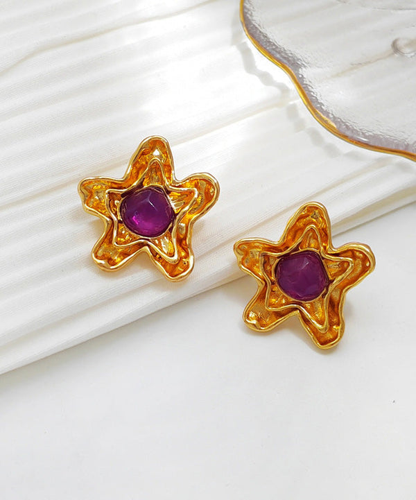 Retro Purple Copper Overgild Resin Star Stud Earrings