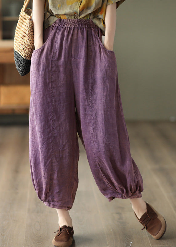 Retro Purple Elastic Waist Solid Ramie Lantern Pants Summer