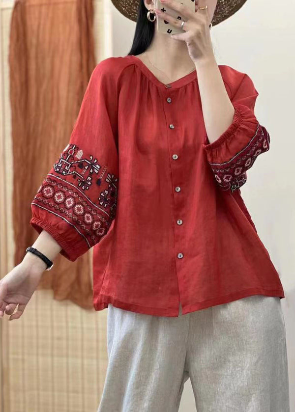 Retro Red Embroidered Button Patchwork Linen Shirt Top Lantern Sleeve