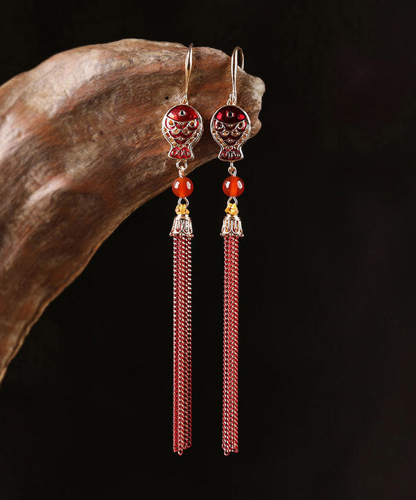 Retro Red Sterling Silver Agate Cloisonne Tassel Drop Earrings