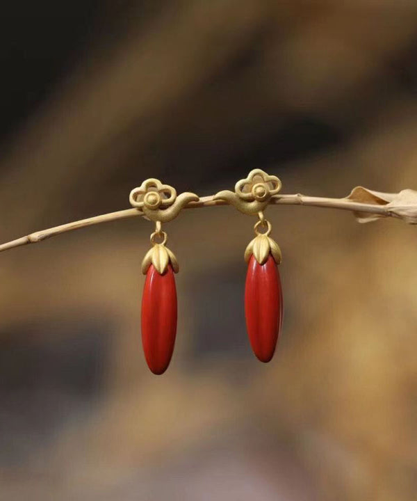 Retro Red Sterling Silver Inlaid Lingdan Vermiling Sand Drop Earrings