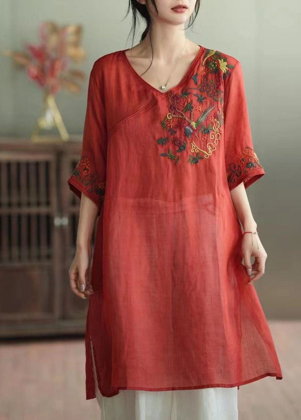 Retro Red V Neck Embroidered Patchwork Linen Mid Dress Summer