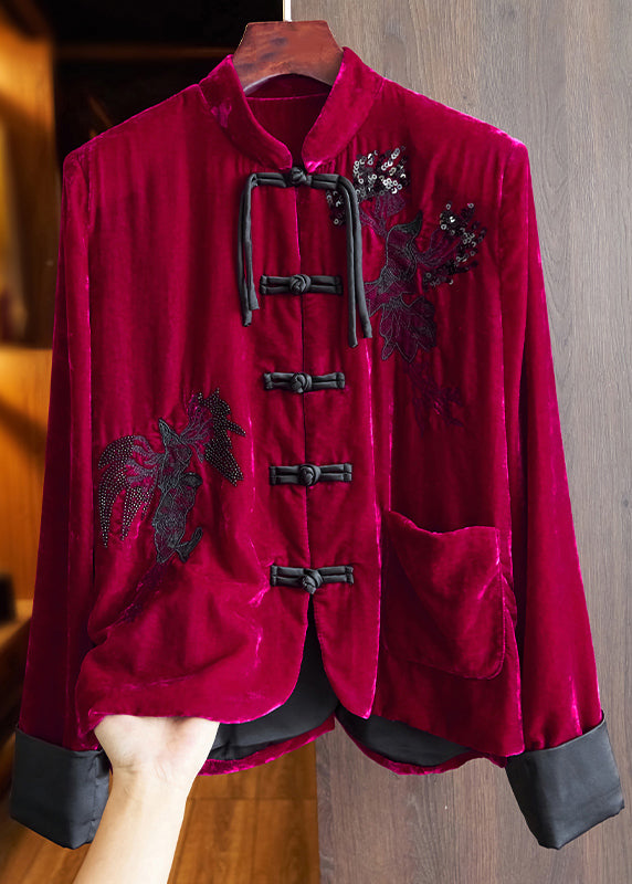 Retro Rose Embroidered Sequins Patchwork Silk Velour Coats Fall