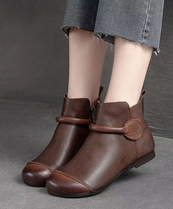 Retro Soft Splicing Ankle Boots Coffee Cowhide Leather