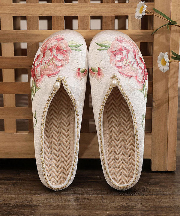 Retro Splicing Slide Sandals White Cotton Fabric Embroidered Nail Bead