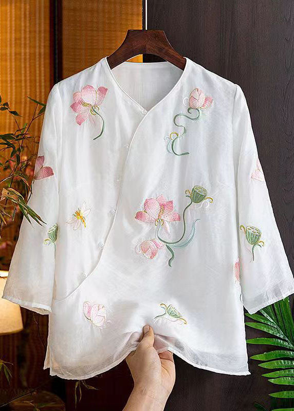 Retro White Embroidered Button Patchwork Cotton Shirts Bracelet Sleeve