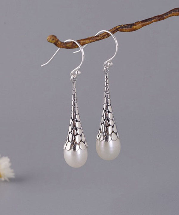 Retro White Sterling Silver Pearl Drop Earrings