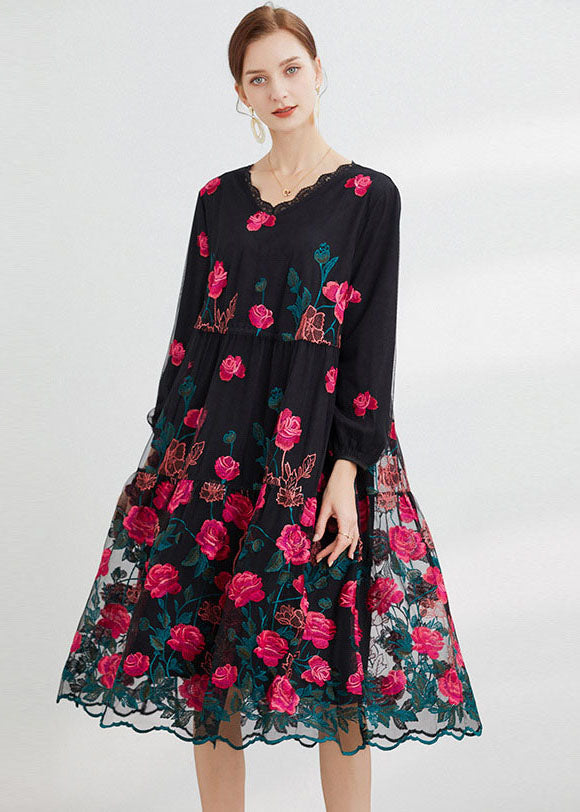 Rose Floral Tulle Maxi Dress O-Neck Embroidered Long Sleeve