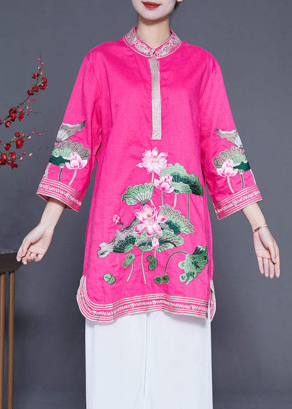 Rose Linen Vacation Dress Stand Collar Lotus Embroidered Summer