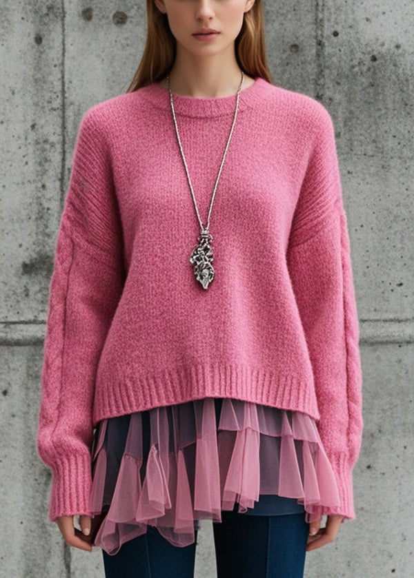 Rose Patchwork Tulle Knit Sweater Oversized Thick Fall