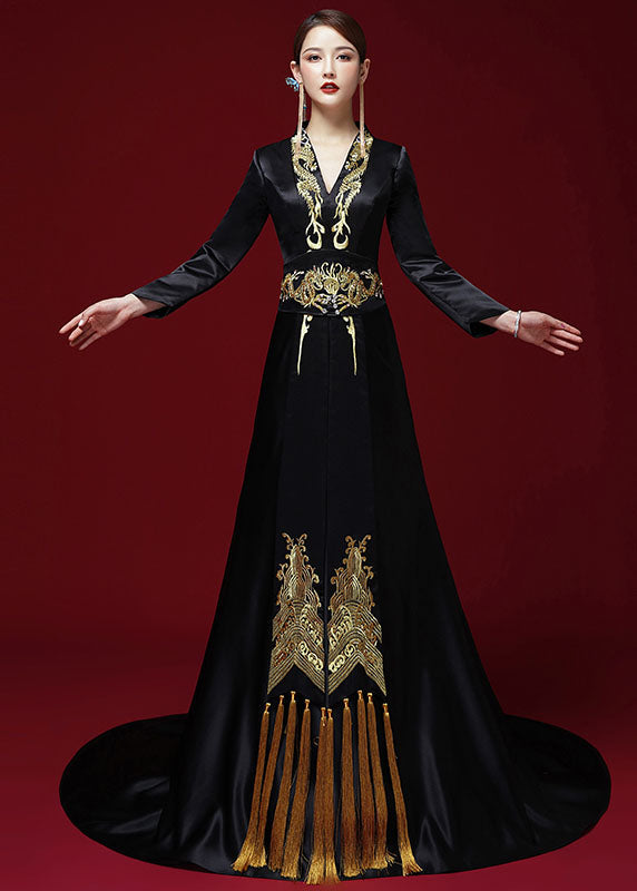 Sexy Black V Neck Embroidered Silk Maxi Dress Long Sleeve