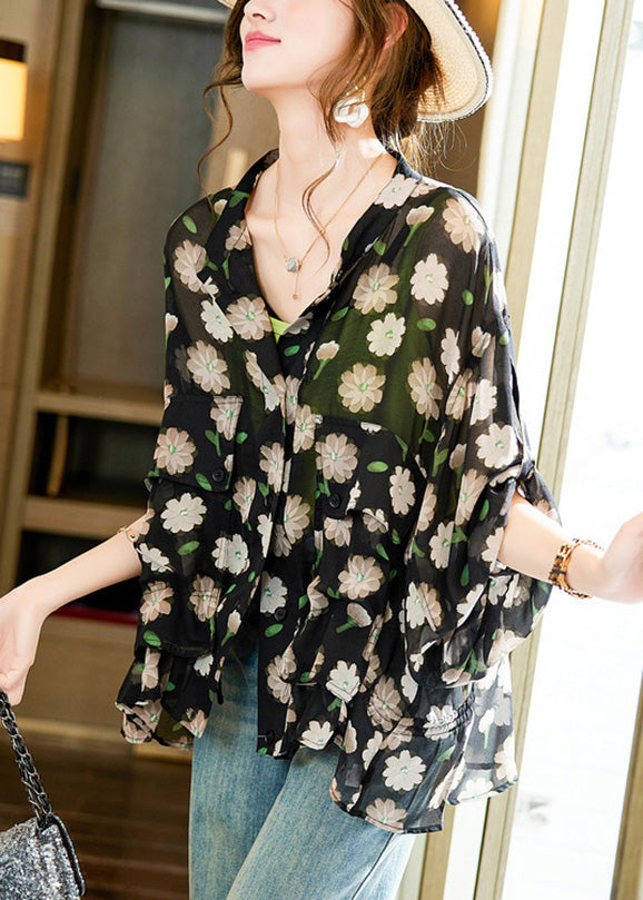 Sexy Black V Neck Print Button Chiffon Shirt Long Sleeve