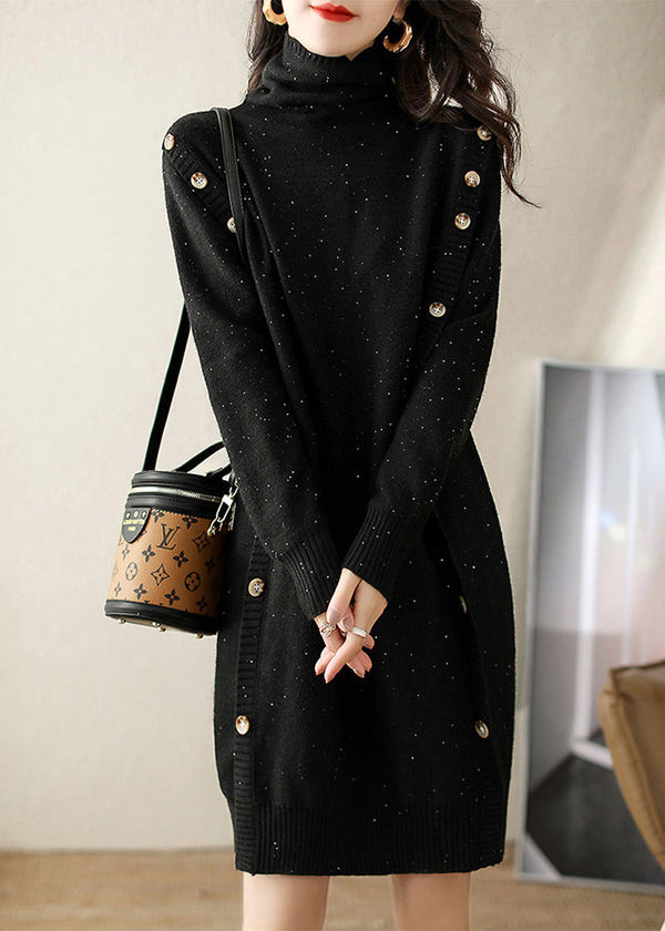 Silm Fit Black Turtle Neck Sequins Button Knit Dress Winter