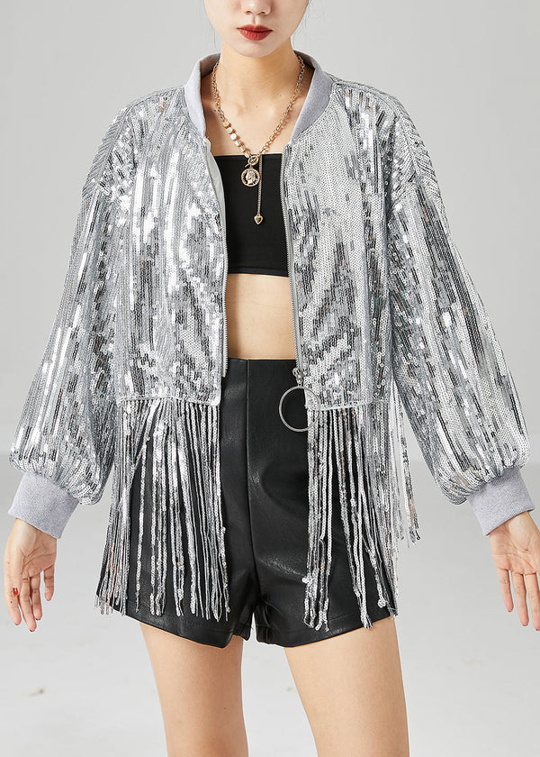 Silver Sequins Patchwork Coats Oversized Tasseled Summer