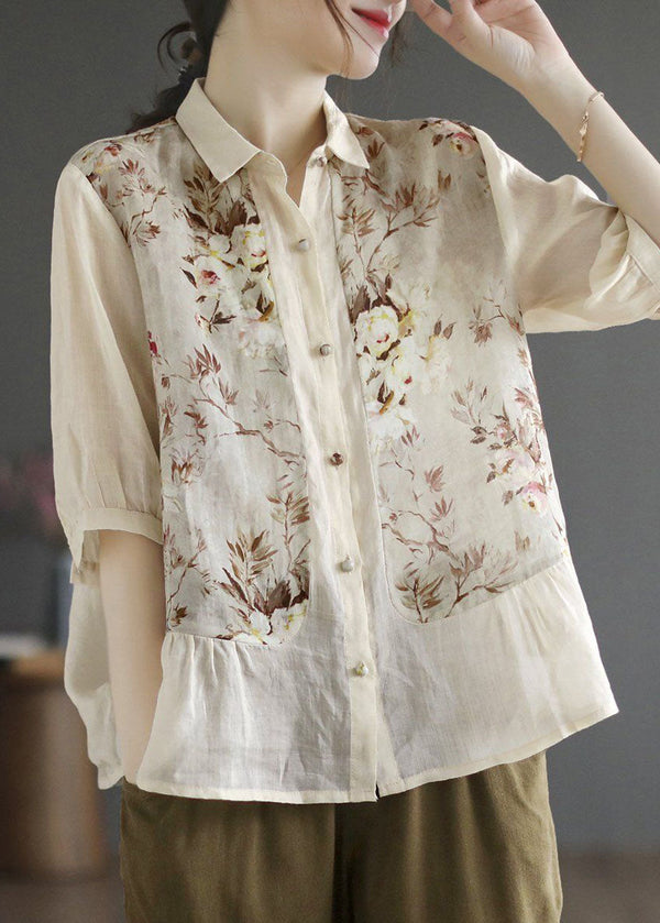 Simple Apricot Peter Pan Collar Print Linen Blouse Top Summer