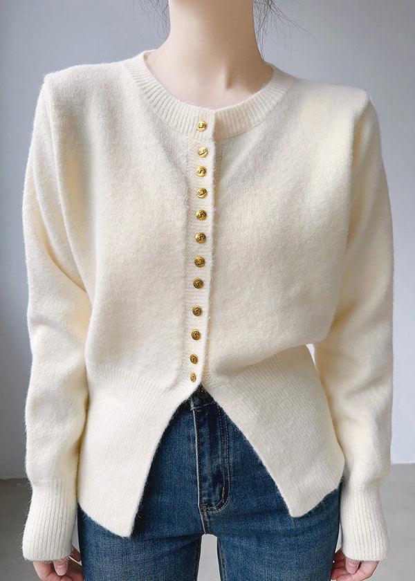 Simple Beige O Neck Button Patchwork Cotton Knit Tops Fall