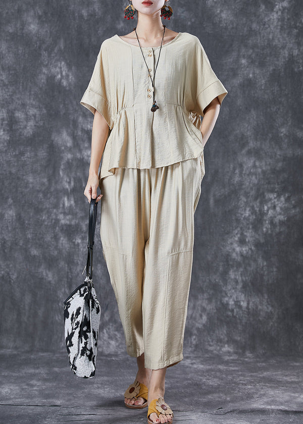 Simple Beige Oversized Wrinkled Cotton Two Pieces Set Summer