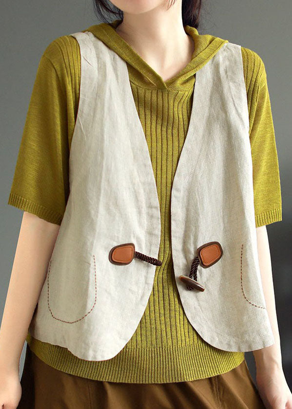 Simple Beige V Neck Button Patchwork Linen Vest Tops Sleeveless