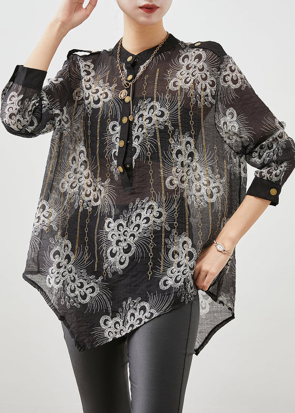 Simple Black Oversized Print Cotton Shirt Fall