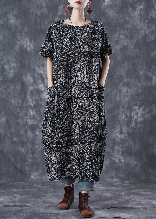 Simple Black Oversized Print Linen Robe Dresses Summer