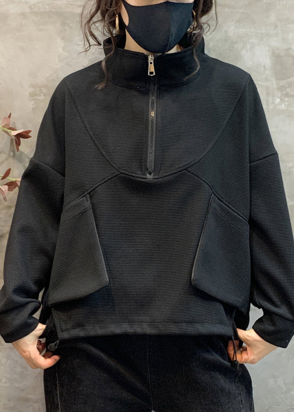 Simple Black Stand Collar Drawstring Pockets Warm Fleece Top Fall