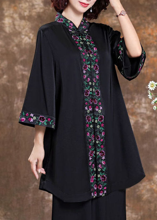 Simple Black Stand Collar Patchwork Embroidery Silk Top Spring