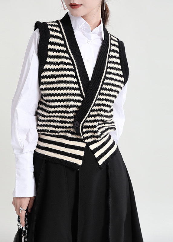 Simple Black V Neck Striped Knit Vests Winter