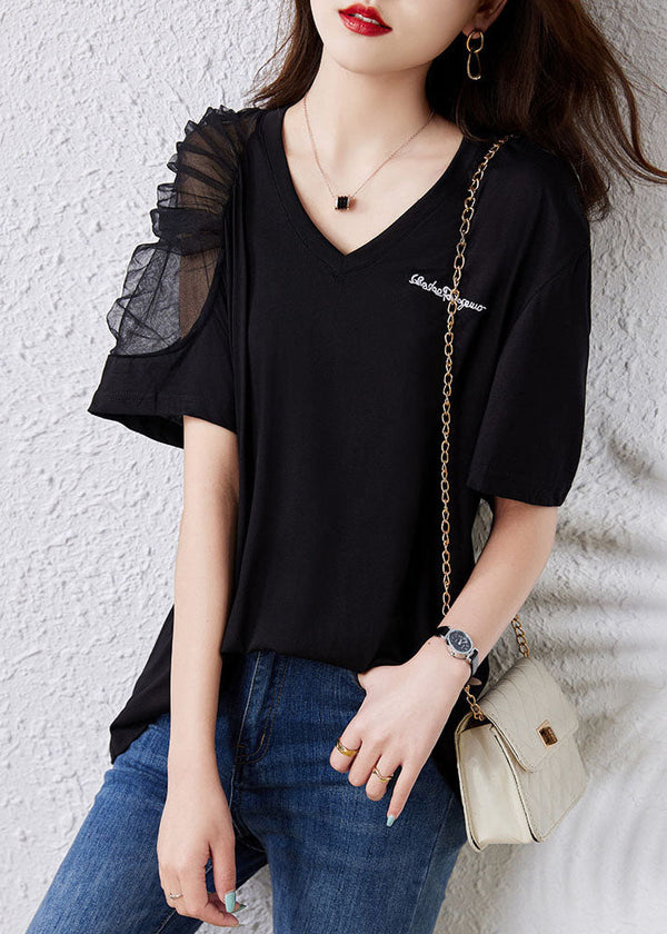 Simple Black V Neck Tulle Patchwork Cotton T Shirt Top Summer