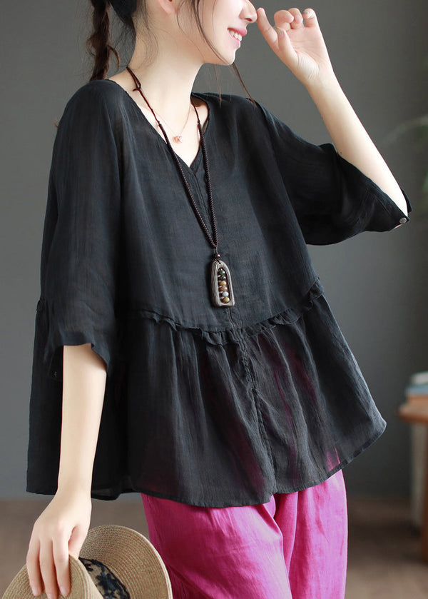 Simple Black V Neck Wrinkled Patchwork Linen Blouse Top Summer